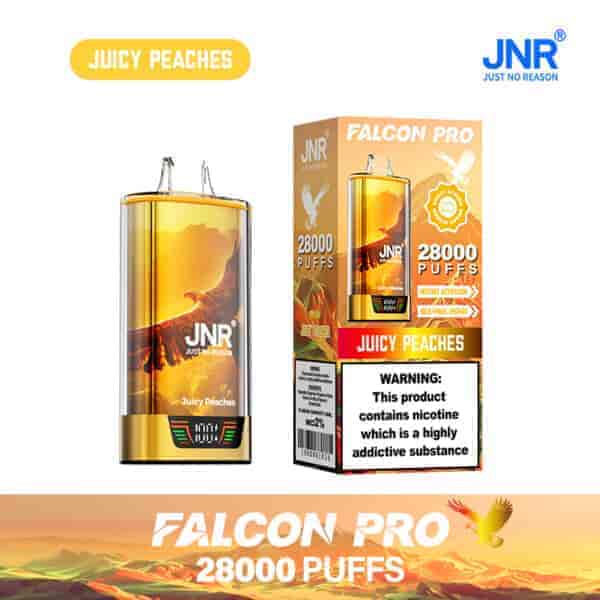 Appareil de vape jetable JNR Falcon Pro et emballage présentant une saveur de faucon et de ' pêches juteuses ', avec un étiquetage en gras pour 28 000 bouffées et un avertissement de dépendance à la nicotine.