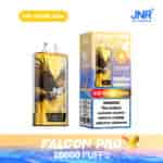 Appareil de vape JNR Falcon Pro aromatisé à la goyave Kiwi Passion et emballage, comportant une image de faucon volant, 28 000 bouffées bien en vue et une étiquette d'avertissement de dépendance à la nicotine.