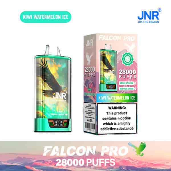 Vape jetable JNR Falcon Pro au goût de glace à la pastèque et au kiwi, présentée avec son emballage comportant un grand graphique de faucon, 28 000 bouffées et une étiquette d'avertissement de dépendance à la nicotine.
