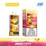 Appareil de vape JNR Falcon Pro et emballage au goût Mangue Passion Fruit, comprenant 28 000 bouffées, un design coloré audacieux et un avertissement de dépendance à la nicotine.