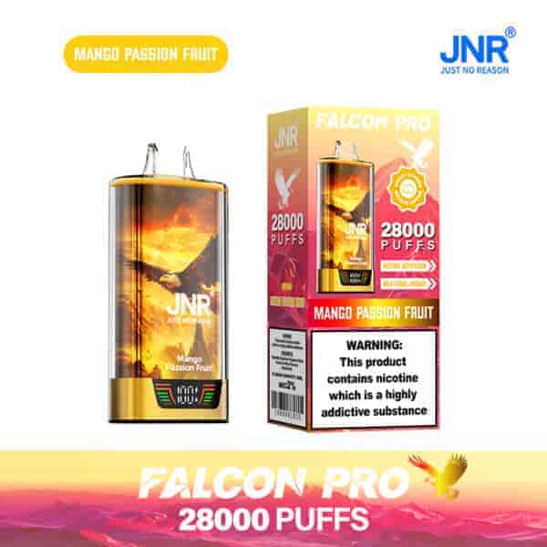 Appareil de vape JNR Falcon Pro et emballage au goût Mangue Passion Fruit, comprenant 28 000 bouffées, un design coloré audacieux et un avertissement de dépendance à la nicotine.