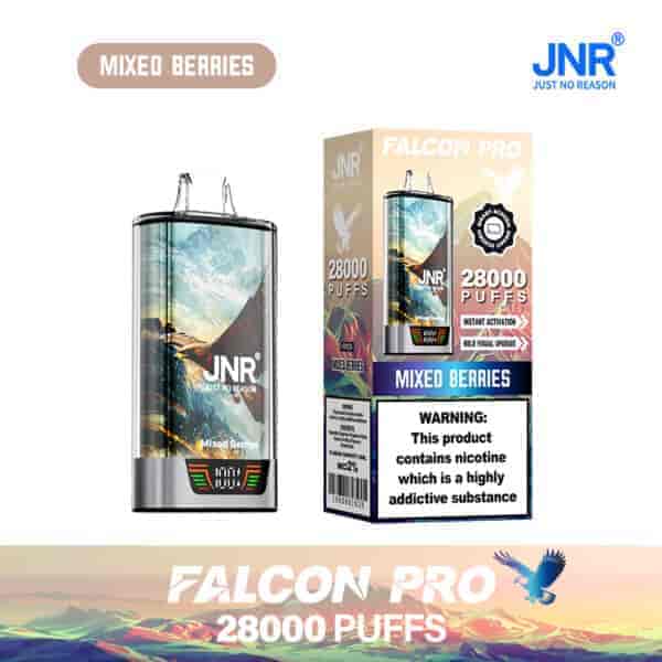 Vape jetable JNR Falcon Pro et emballage étiquetés ' Baies mélangées ' avec un paysage de montagne, 28 000 bouffées annoncées et un avertissement de dépendance à la nicotine affiché.