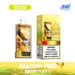 Vape jetable JNR Falcon Pro au goût pêche, mangue, pastèque avec 28 000 bouffées, avec un motif d'aigle royal, une boîte de produit et une étiquette d'avertissement de dépendance à la nicotine.