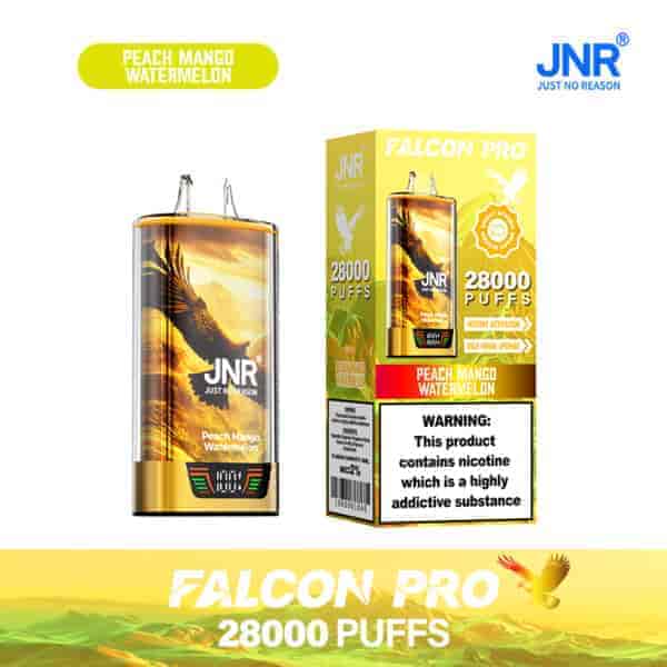 Vape jetable JNR Falcon Pro au goût pêche, mangue, pastèque avec 28 000 bouffées, avec un motif d'aigle royal, une boîte de produit et une étiquette d'avertissement de dépendance à la nicotine.