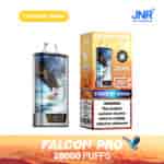 Appareil de vape JNR Falcon Pro et emballage pour la saveur fraise-banane, avec un graphisme d'aigle, une étiquette de 28 000 bouffées et un avertissement de dépendance à la nicotine.