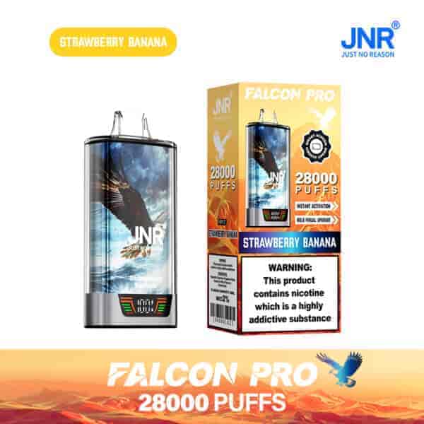 Appareil de vape JNR Falcon Pro et emballage pour la saveur fraise-banane, avec un graphisme d'aigle, une étiquette de 28 000 bouffées et un avertissement de dépendance à la nicotine.