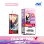 Appareil de vape JNR Falcon Pro Strawberry Ice et emballage présentant un graphique de faucon audacieux, indiquant 28 000 bouffées et un avertissement de dépendance à la nicotine.