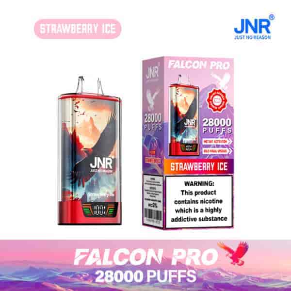 Appareil de vape JNR Falcon Pro Strawberry Ice et emballage présentant un graphique de faucon audacieux, indiquant 28 000 bouffées et un avertissement de dépendance à la nicotine.