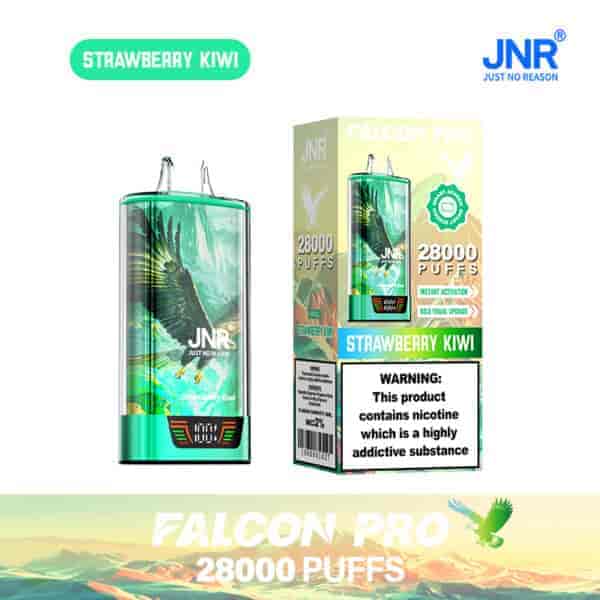 Appareil de vape jetable et emballage JNR Falcon Pro fraise kiwi, comprenant un faucon illustré, une étiquette de 28 000 bouffées et un avertissement de dépendance à la nicotine.