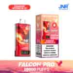 Appareil de vape jetable JNR Falcon Pro et emballage au goût fraise, pastèque et glace, avec un graphique de faucon rouge, une étiquette de 28 000 bouffées et un avertissement de dépendance à la nicotine.