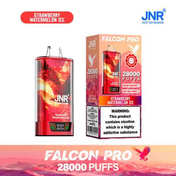 Appareil de vape jetable JNR Falcon Pro et emballage au goût fraise, pastèque et glace, avec un graphique de faucon rouge, une étiquette de 28 000 bouffées et un avertissement de dépendance à la nicotine.
