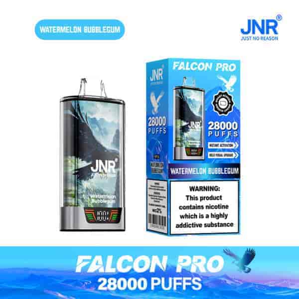 Appareil de vape jetable et emballage JNR Falcon Pro Watermelon Bubblegum, comportant un graphique d'aigle, une étiquette de 28 000 bouffées et un avertissement de dépendance à la nicotine.