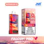 Vape jetable JNR Falcon Pro Watermelon Ice avec 28 000 bouffées affichées à côté de son emballage, avec un motif d'aigle rouge et violet et une étiquette d'avertissement de dépendance à la nicotine.