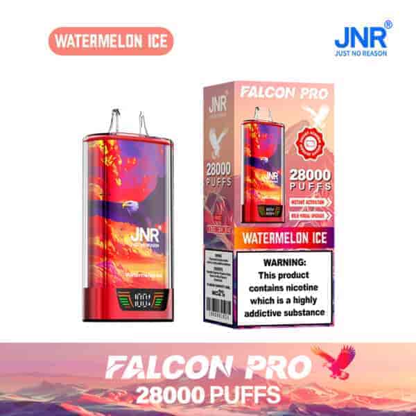 Vape jetable JNR Falcon Pro Watermelon Ice avec 28 000 bouffées affichées à côté de son emballage, avec un motif d'aigle rouge et violet et une étiquette d'avertissement de dépendance à la nicotine.