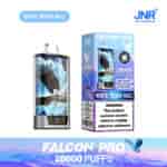 Appareil de vape jetable JNR Falcon Pro et emballage avec une illustration de faucon volant, étiqueté ' saveur White Peach Razz ' et ' 28 000 bouffées ', y compris un avertissement de dépendance à la nicotine.