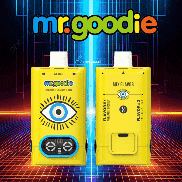 Two yellow Mr. Goodie vape devices with prominent eye graphics and digital controls, shown from the front and back with mix flavor options against a neon grid background.