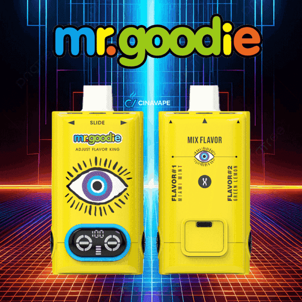 Two yellow mr.goodie vape devices with an eye graphic, adjustable controls, and flavor mix options, displayed against a retro grid background with colorful neon lines.