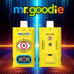 Front and back view of two yellow Mr. Goodie vape devices featuring a stylized eye graphic, digital display, and branding, set against a neon grid background with the Mr. Goodie logo above.