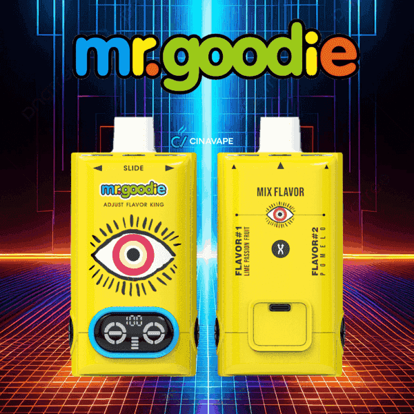 Front and back view of two yellow Mr. Goodie vape devices featuring a stylized eye graphic, digital display, and branding, set against a neon grid background with the Mr. Goodie logo above.