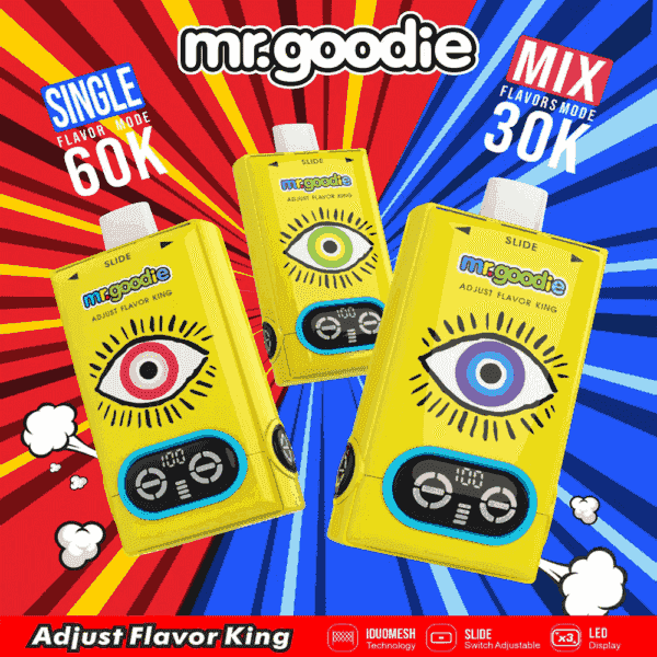 Advertisement for 'mr.goodie' vape devices showing three yellow cartridges with illustrated eyes, set against a vibrant red and blue comic-style background highlighting 'Single Flavor Mode 60K' and 'Mix Flavors Mode 30K'.