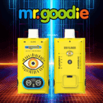 Two yellow Mr. Goodie vape devices with colorful eye graphics and digital controls, displayed against a neon, retro-futuristic background.