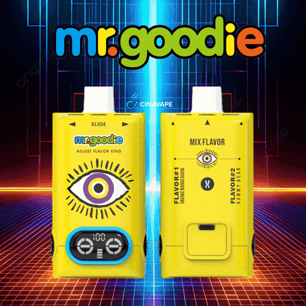 Two yellow Mr. Goodie vape devices with an eye graphic and digital display, shown from the front and back, on a neon grid background with the colorful 'mr.goodie' logo above.
