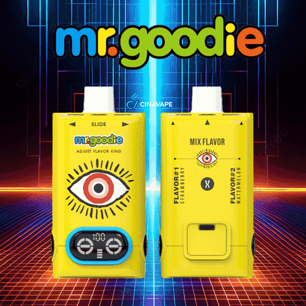 Two yellow Mr. Goodie vaping devices with a large eye design, digital controls, and labeled for adjustable and mixable strawberry and watermelon flavors, set against a neon retro background.