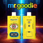Front and back views of two yellow Mr. Goodie vape devices with an illustrated eye design, digital display, and controls, set against a colorful grid and neon background.