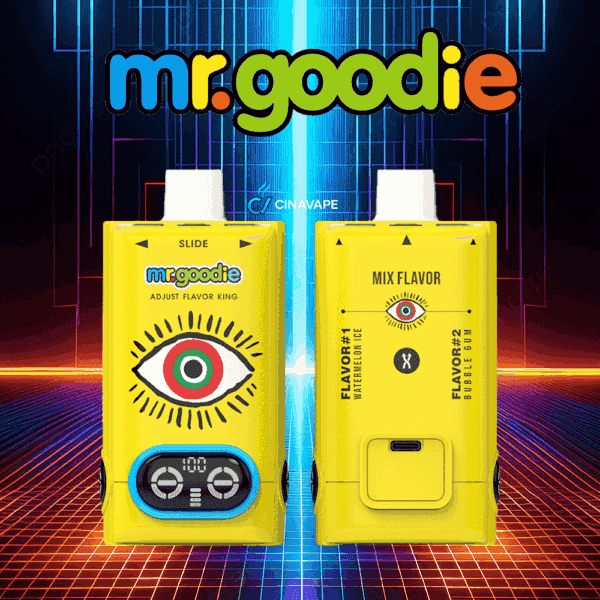 Front and back views of two yellow Mr. Goodie vape devices with an illustrated eye design, digital display, and controls, set against a colorful grid and neon background.