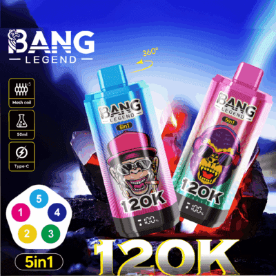 Two colorful Bang Legend 5in1 vaping devices, one blue with a smoking monkey caricature wearing a hat, and one pink with a monkey caricature wearing headphones and sunglasses, both showing 120K and 0% on digital displays, placed against a smoky rocky background with product features like mesh coil, 50ml capacity, and Type-C charging icons on the left side.