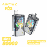 Deux appareils de vape transparents et rectangulaires avec des illustrations et des couronnes de renard colorées, de marque AiRMEZ Fox, présentés sur un fond blanc avec un texte jaune en gras indiquant 2in1 800 Puffs et la saveur Berry Lemonade Lemon Lime.