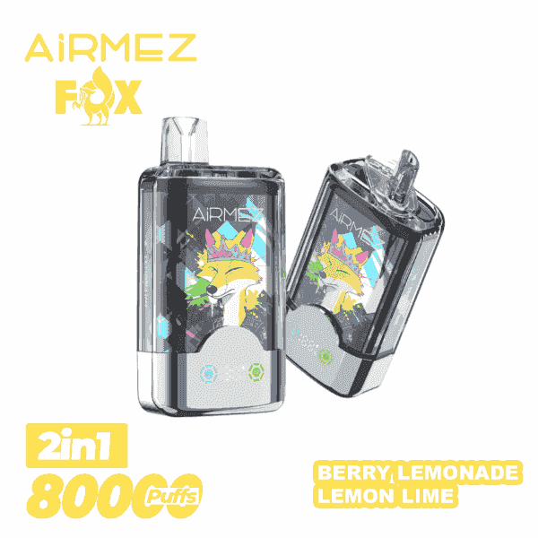 Deux appareils de vape transparents et rectangulaires avec des illustrations et des couronnes de renard colorées, de marque AiRMEZ Fox, présentés sur un fond blanc avec un texte jaune en gras indiquant 2in1 800 Puffs et la saveur Berry Lemonade Lemon Lime.