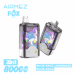 Deux appareils de vapotage jetables 2-en-1 AirmEz Fox translucides avec une illustration de renard bleu sur des panneaux violets, de marque AirmEz Fox, présentés pour la saveur Blue Razz Lemonade.