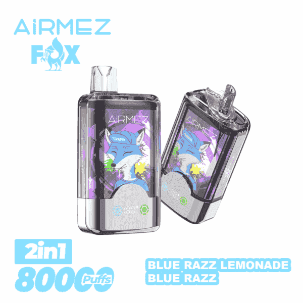 Deux appareils de vapotage jetables 2-en-1 AirmEz Fox translucides avec une illustration de renard bleu sur des panneaux violets, de marque AirmEz Fox, présentés pour la saveur Blue Razz Lemonade.