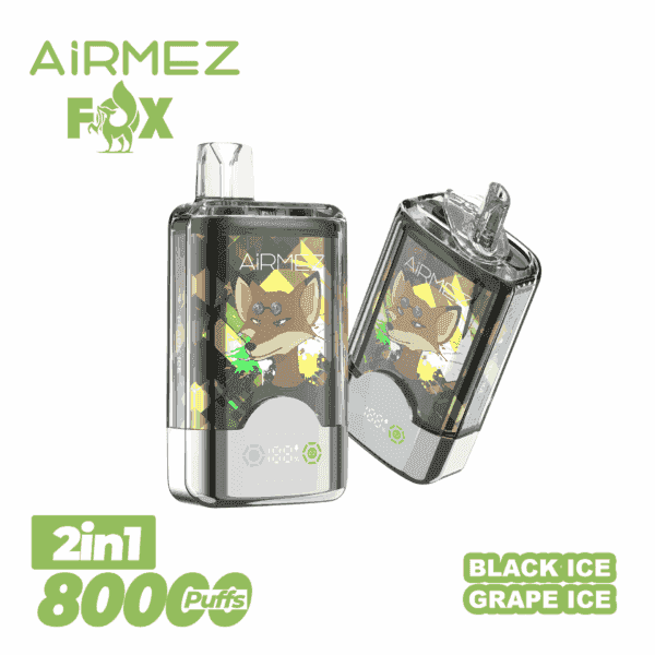 Deux vapes jetables Airmex Fox avec un design de renard stylisé sur le devant et un texte indiquant un appareil 2-en-1 de 8000 bouffées, disponibles dans les saveurs Black Ice et Grape Ice