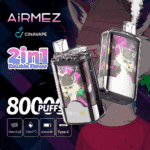 Image promotionnelle pour les appareils de vape AiRMEZ montrant deux kits de dosettes colorées sur le thème du renard, étiquetées 2 en 1 Double Flavor, annonçant 80 000 bouffées avec des icônes pour bobine maillée, une capacité de 15 ml par dosette, une batterie de 650 mAh et une charge de type C.