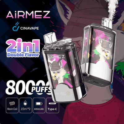 Image promotionnelle pour les appareils de vape AiRMEZ montrant deux kits de dosettes colorées sur le thème du renard, étiquetées 2 en 1 Double Flavor, annonçant 80 000 bouffées avec des icônes pour bobine maillée, une capacité de 15 ml par dosette, une batterie de 650 mAh et une charge de type C.