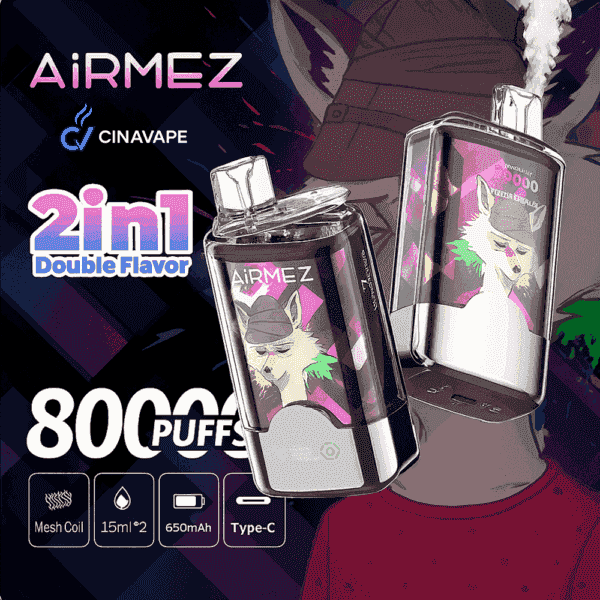 Image promotionnelle pour les appareils de vape AiRMEZ montrant deux kits de dosettes colorées sur le thème du renard, étiquetées 2 en 1 Double Flavor, annonçant 80 000 bouffées avec des icônes pour bobine maillée, une capacité de 15 ml par dosette, une batterie de 650 mAh et une charge de type C.