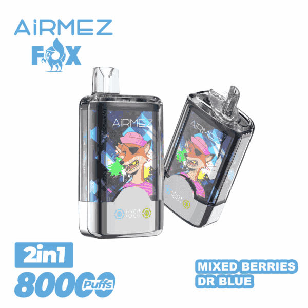Deux appareils de vape jetables AiRMEZ Fox présentant des illustrations colorées de renard de dessin animé portant un chapeau rose et un cache-œil, avec un texte indiquant l'option de saveur 2 en 1, 8 000 bouffées et une saveur de baies mélangées dr blue.