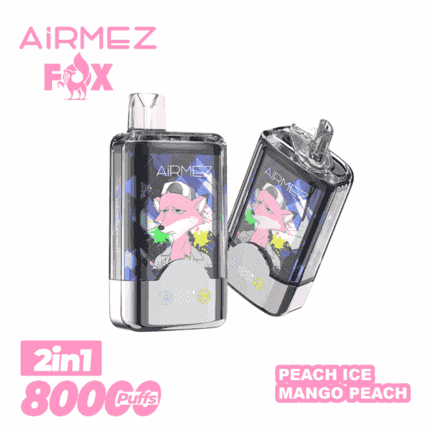 Deux appareils de vape transparents avec des illustrations colorées sur leurs écrans, inclinés côte à côte sur un fond blanc, avec la marque rose AiRMEZ et un logo renard, avec ' 2in1 800 Puffs ' en bas à gauche et une étiquette de saveur ' Peach Ice Mango Peach ' en bas à droite.