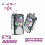 Deux appareils de vapotage jetables AIRMEZ FOX avec une mascotte de renard violet sur des panneaux de couleurs géométriques, la marque AIRMEZ FOX et une étiquette ' 2 en 1 800 Puffs ', indiquant la saveur Strawberry Kiwi Strawberry Ice.