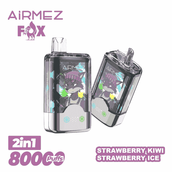 Deux appareils de vapotage jetables AIRMEZ FOX avec une mascotte de renard violet sur des panneaux de couleurs géométriques, la marque AIRMEZ FOX et une étiquette ' 2 en 1 800 Puffs ', indiquant la saveur Strawberry Kiwi Strawberry Ice.