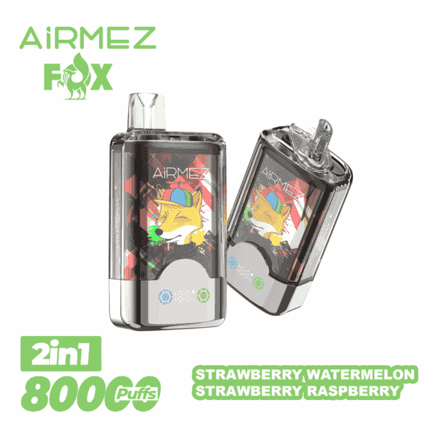 Deux appareils de vape rectangulaires transparents avec un motif de renard brillant sont assis côte à côte sous un logo vert AiRMEZ FOX, avec un texte vert gras 2 en 1 800 bouffées et la ligne de saveur Fraise, Pastèque, Fraise Framboise en bas.