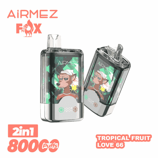 Deux appareils de vapotage AiRMEZ FOX transparents avec un chien de dessin animé portant un bonnet et une chemise rouge sur leurs écrans, avec un texte indiquant 2 en 1, 8000 bouffées, et la saveur de fruits tropicaux Love 66, avec le logo AiRMEZ FOX au-dessus.