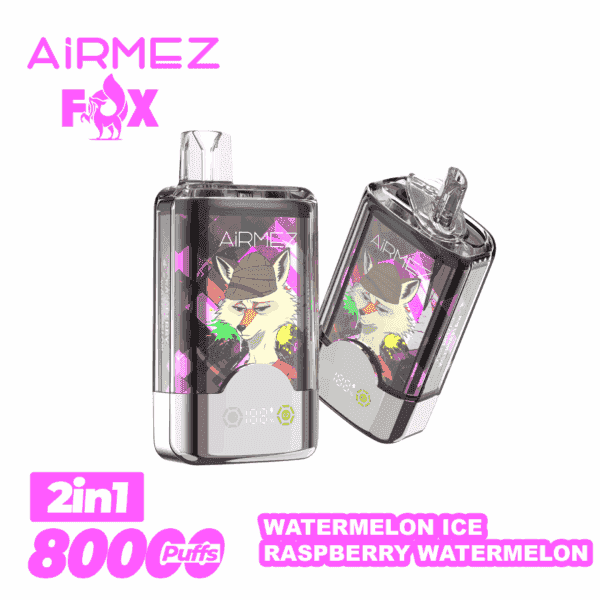 Deux appareils de vape AiRMEZ Fox transparents avec des bases métalliques, chacun comportant un renard de dessin animé portant un chapeau sur leurs écrans avant ; l'image comprend le texte mettant en évidence ' 2in1 ', ' 8000 puffs ' et les saveurs ' Watermelon Ice ' et ' Raspberry Watermelon ' en lettres rose vif.
