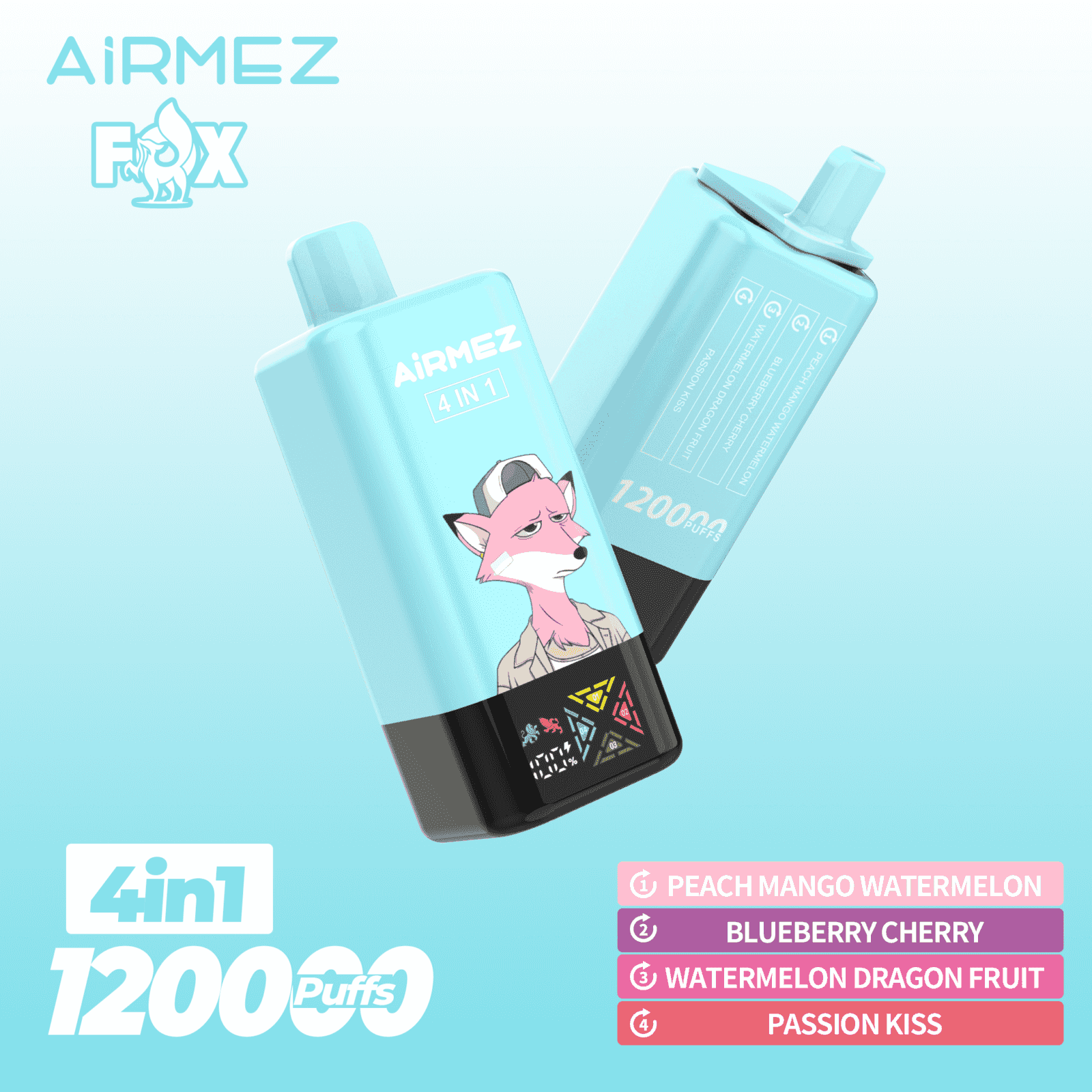 Zwei hellblaue E-Zigaretten mit der Aufschrift „AirMEZ 4 in 1“ und „1200 Züge“ schweben diagonal vor einem blauen Hintergrund mit Farbverlauf, eines davon mit einer Fuchsillustration, mit einer Geschmacksliste auf der rechten Seite: Pfirsich-Mango-Wassermelone, Blaubeer-Kirsche, Wassermelone-Drachenfrucht und Passionskuss.