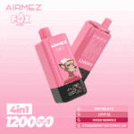 Zwei rosafarbene AiRMEZ Fox 4-in-1-Einweg-Vape-Geräte mit einer Fuchs-Charakterillustration, eines mit 12.000 Zügen und den Geschmacksrichtungen roter Mojito, Love 66, gemischte Beeren und Erdbeer-Wassermelone auf einem Hintergrund mit rosa Farbverlauf.