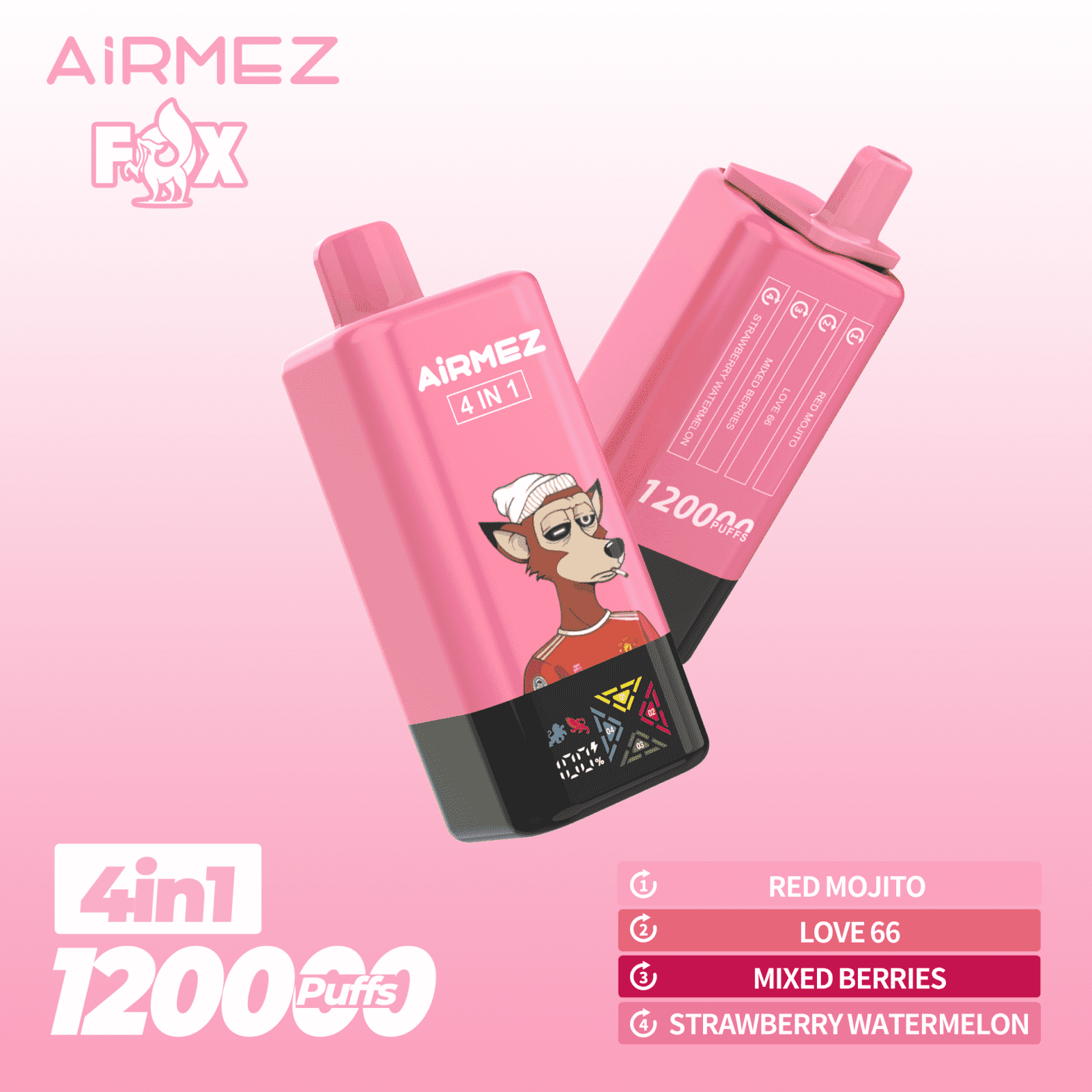 Zwei rosafarbene AiRMEZ Fox 4-in-1-Einweg-Vape-Geräte mit einer Fuchs-Charakterillustration, eines mit 12.000 Zügen und den Geschmacksrichtungen roter Mojito, Love 66, gemischte Beeren und Erdbeer-Wassermelone auf einem Hintergrund mit rosa Farbverlauf.