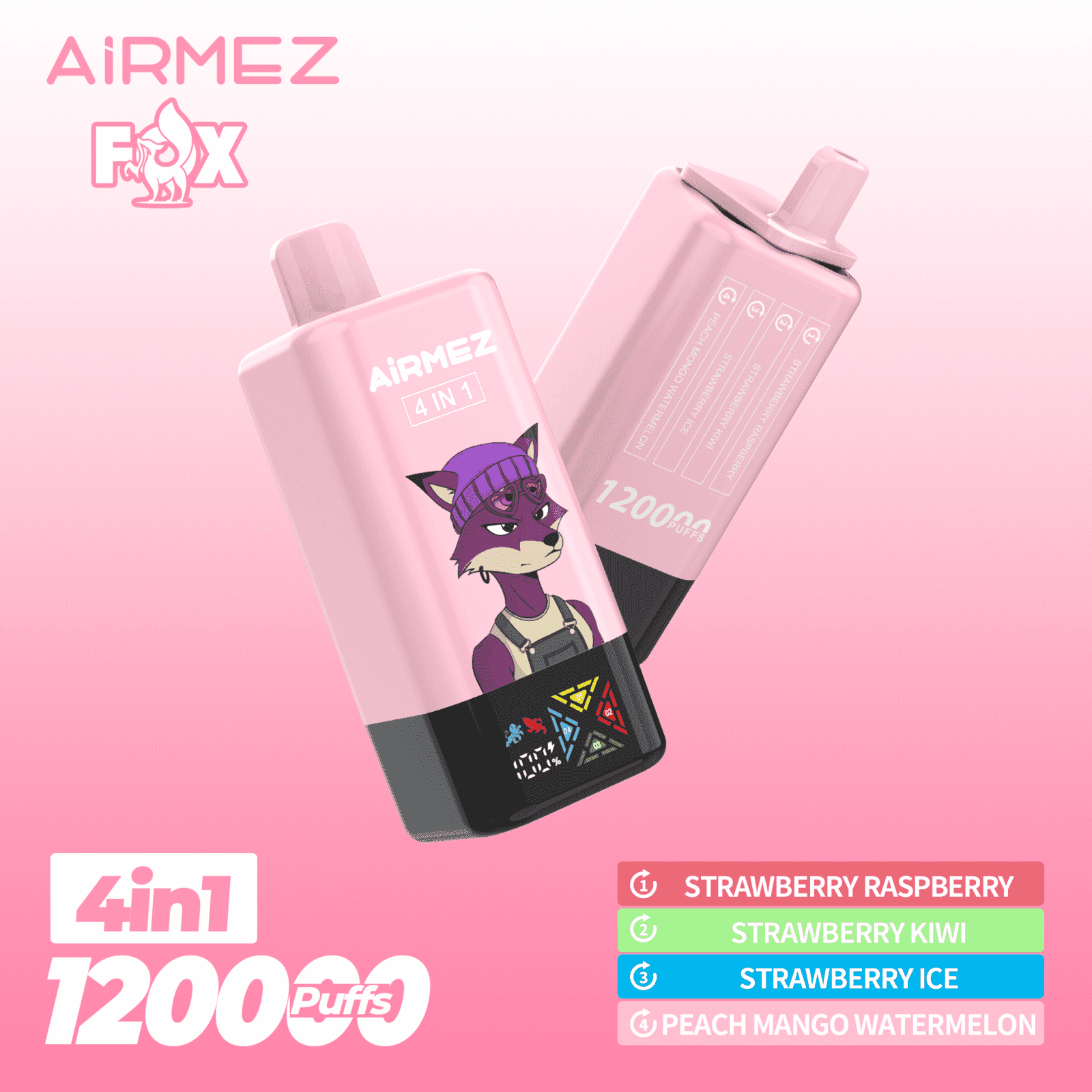 Zwei rosa AiRMEZ FOX Einweg-Vaporizer mit einem Cartoon-Lila-Fuchs mit Mütze, beschriftet mit 4 in 1 mit 12.000 Zügen und den Geschmacksrichtungen Erdbeer-Himbeere, Erdbeer-Kiwi, Erdbeer-Eis und Pfirsich-Mango-Wassermelone auf einem rosa Hintergrund mit Farbverlauf
