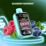 Un appareil de vapotage AirMEZ vert menthe avec un graphique de machine à sous montrant trois sept et le texte 'Spin and Win' sur son écran, entouré de myrtilles et framboises fraîches, avec le texte 'BLUEBERRY RASPBERRY' au-dessus et un symbole de signe dollar néon en arrière-plan.